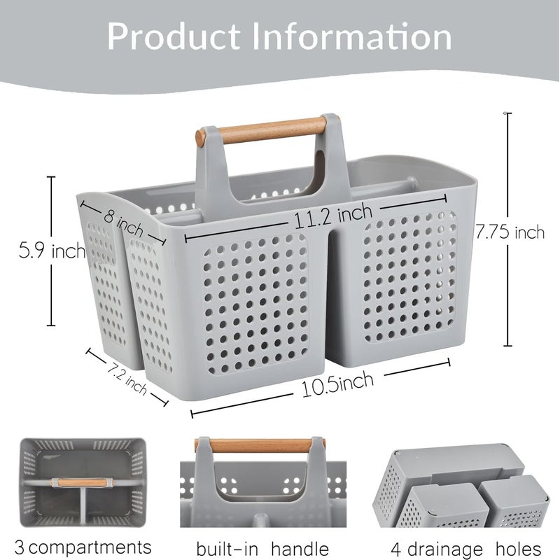 PAKCHOICE Portable Shower Caddy Basket with Compartments, Plastic Divided Cleaning Caddy Organizer Storage Tote with Handle for Bathroom, College, Dorm Room Essentials, Light Gray - Image 2